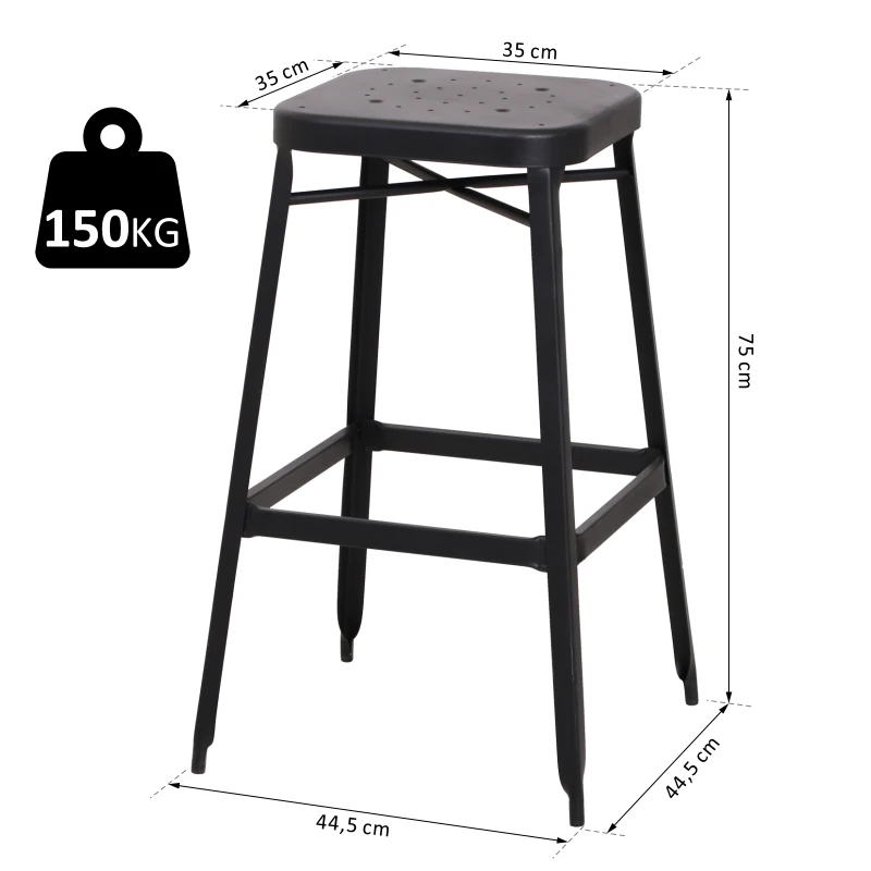 HOMCOM® 2er-Set Barhocker Bistrostuhl Küchenhocker Metallhocker mit Antirutschpads stapelbar Schwarz 44,5x44,5x75cm