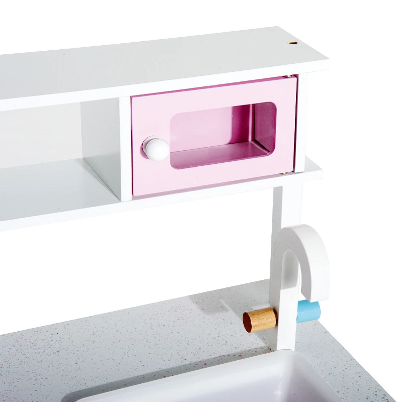 HOMCOM® Kinderküche Spielküche mit Zubehör Hocker Holz Rosa