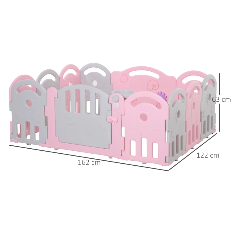 HOMCOM® Schutzgitter Laufgitter Absperrgitter 12 Elemente Korb 3 Zahnräder HDPE Rosa 162 x 122 x 63 cm