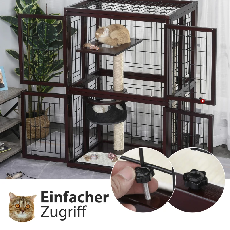 PawHut® Katzenhaus Katzen Käfig Hängematte Sisal-Säulen & Matte Massivholz Metalldraht