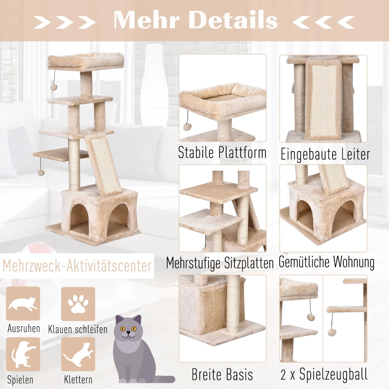 PawHut® Katzenbaum 5-Stock Kratzbaum Katzenhöhle Sisalsäule Kratzbrett Plüsch Beige
