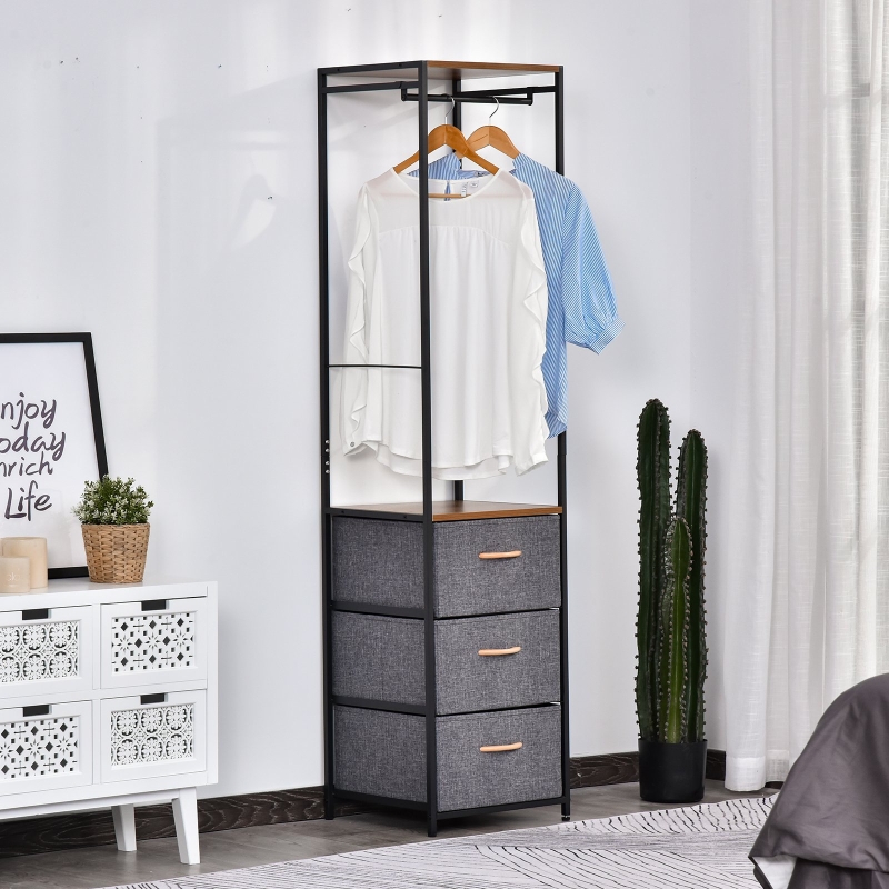 HOMCOM Garderobenständer mit 3 Schubladen, Korridor Garderobe mit Kleiderstange, Aufbewahrungsregal, Stahl, Grau, 43 x 38 x 175 cm Schubladen Kleiderstange Stahl Grau