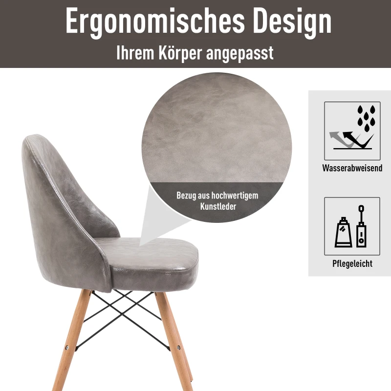 HOMCOM® 2er-Set Polsterstuhl PU + Metall + Buchenholz Grau 49 x 47,5 x 76 cm