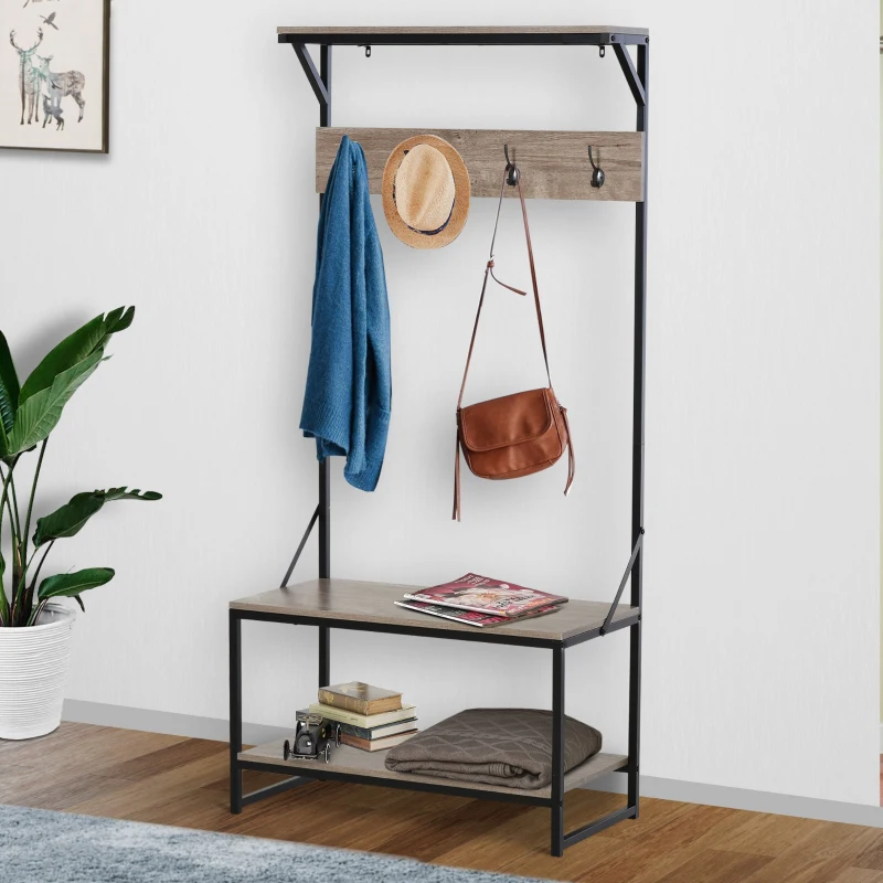 HOMCOM® Garderobenständer mit 4 Haken Schuhregal Kleiderständer 2 Ablagen MDF Natur