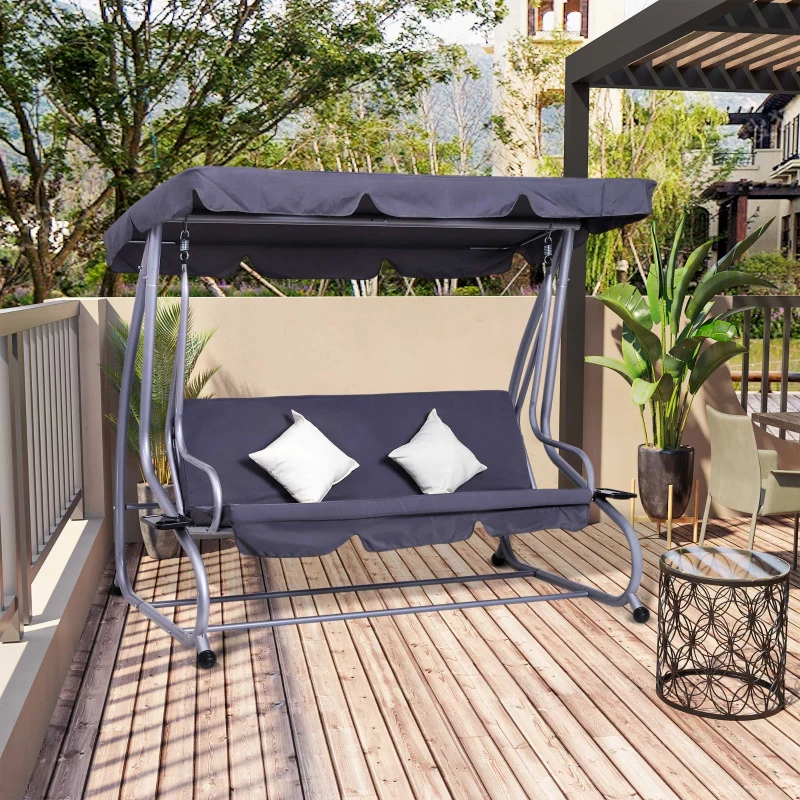 Outsunny Balancelle de Jardin 3 Places Convertible Toit Inclinaison réglable 2 tablettes Support 2L x 1,2l x 1,64H m métal époxy Noir Polyester gris
