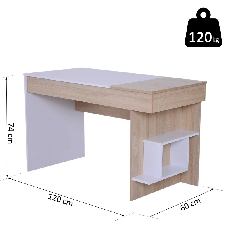 HOMCOM Schreibtisch mit aufklappbarer Tischplatte Arbeitstisch Bürotisch Computertisch mit Staufach und Regal Holz 120 x 60 x 74 cm