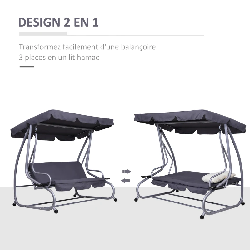 Outsunny Balancelle de Jardin 3 Places Convertible Toit Inclinaison réglable 2 tablettes Support 2L x 1,2l x 1,64H m métal époxy Noir Polyester gris