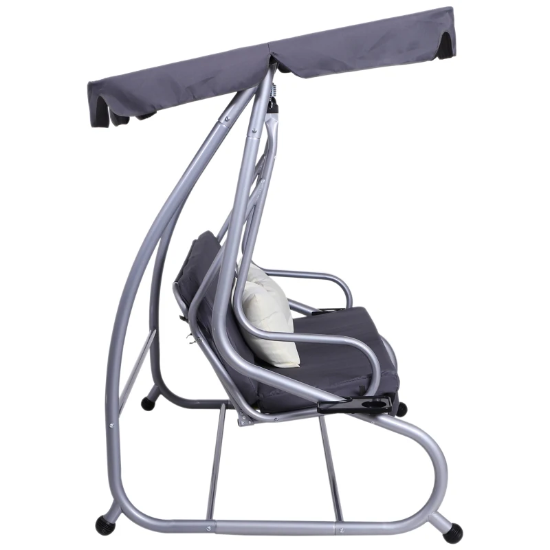 Outsunny Balancelle de Jardin 3 Places Convertible Toit Inclinaison réglable 2 tablettes Support 2L x 1,2l x 1,64H m métal époxy Noir Polyester gris