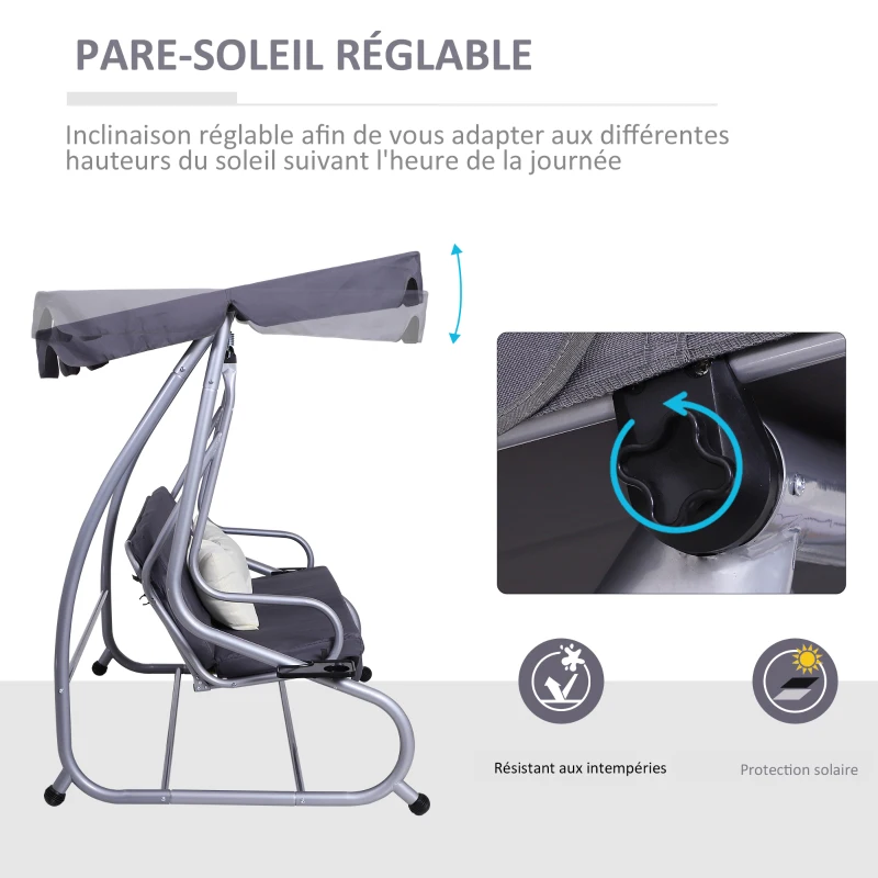Outsunny Balancelle de Jardin 3 Places Convertible Toit Inclinaison réglable 2 tablettes Support 2L x 1,2l x 1,64H m métal époxy Noir Polyester gris