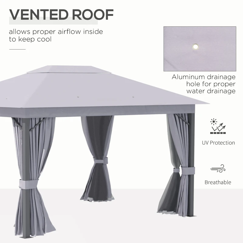 Outsunny 4 x 3(m) Patio Gazebo Canopy Garden Tent Shelter with Vented Roof, Mosquito Netting and Curtains, Aluminium Frame, Grey