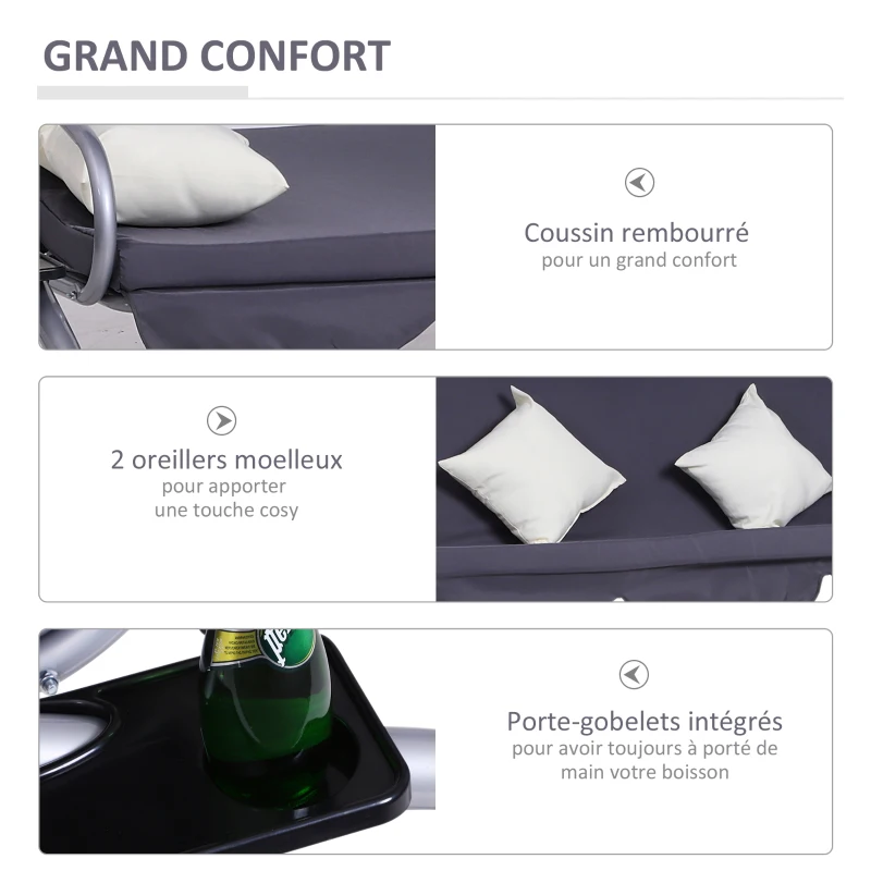 Outsunny Balancelle de Jardin 3 Places Convertible Toit Inclinaison réglable 2 tablettes Support 2L x 1,2l x 1,64H m métal époxy Noir Polyester gris