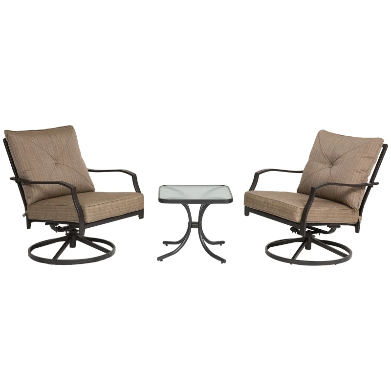 Outsunny® Schaukelstuhl Set mit Kaffeetisch 3-tlg. Gartenmöbel 360° drehbar Metall Braun