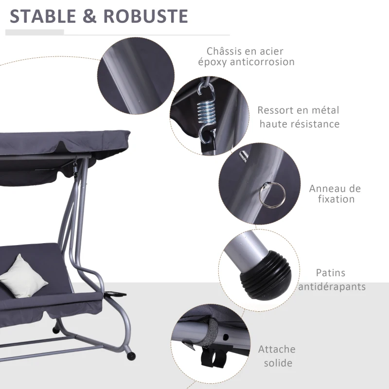 Outsunny Balancelle de Jardin 3 Places Convertible Toit Inclinaison réglable 2 tablettes Support 2L x 1,2l x 1,64H m métal époxy Noir Polyester gris