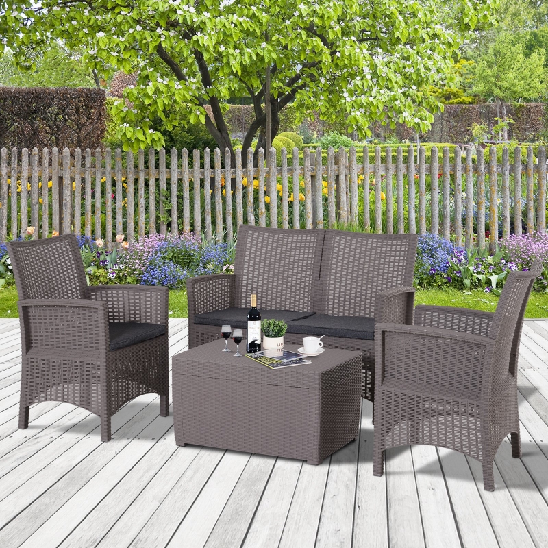 Outsunny Vierteiliges Gartenmöbel Set, Sitzgruppe, Sofa mit Sitzkissen, Tisch mit Stauraum, Polyester, Grau Set Sitzgruppe Sitzkissen Stauraum