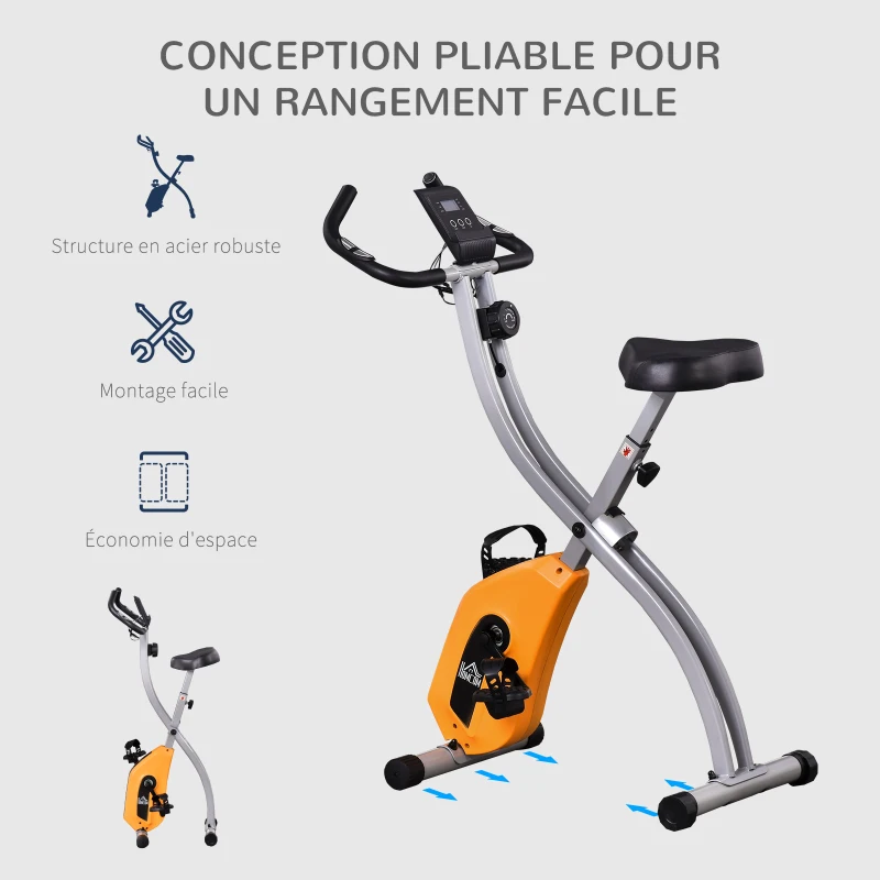 Homcom Vélo d'Appartement Pliant avec 8 Niveaux de Résistance Magnétique Réglables 86x47x112 cm Orange