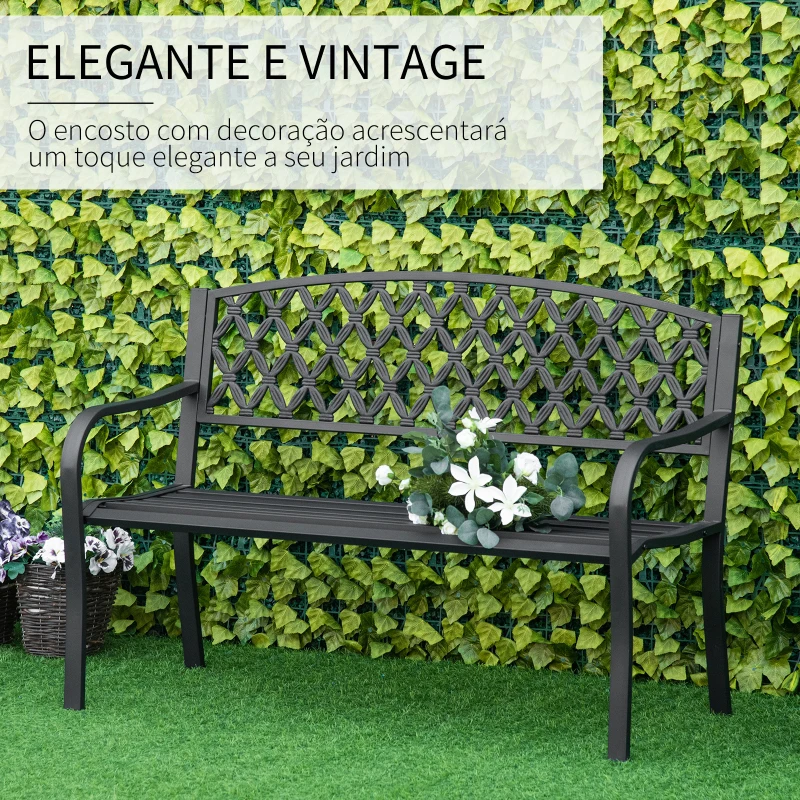 Outsunny Banco de Jardim de 2 Lugares com Encosto Decorativo e Apoio para os Braços para Terraço Varanda Pátio Exterior Carga 280kg Ferro Fundido e Aço 128x58,5x89cm Preto