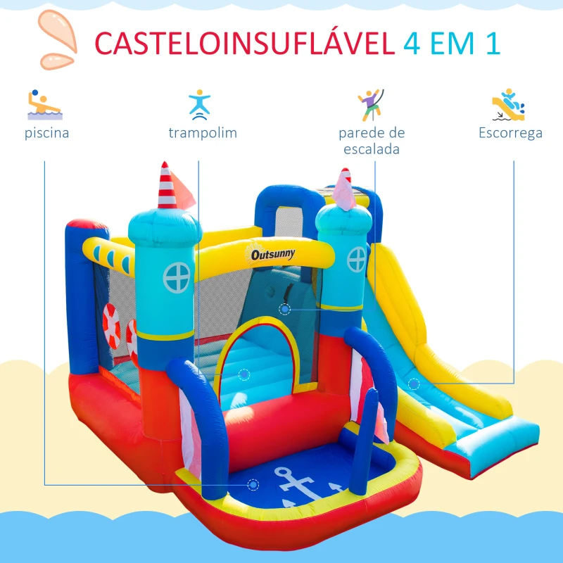 Outsunny Castelo Insuflável com Escorrega Trampolim Piscina e Parede de Escalada para Crianças acima de 3 Anos com Inflador e Bolsa de Transporte para Interior e Exterior 265x260x200cm Multicor