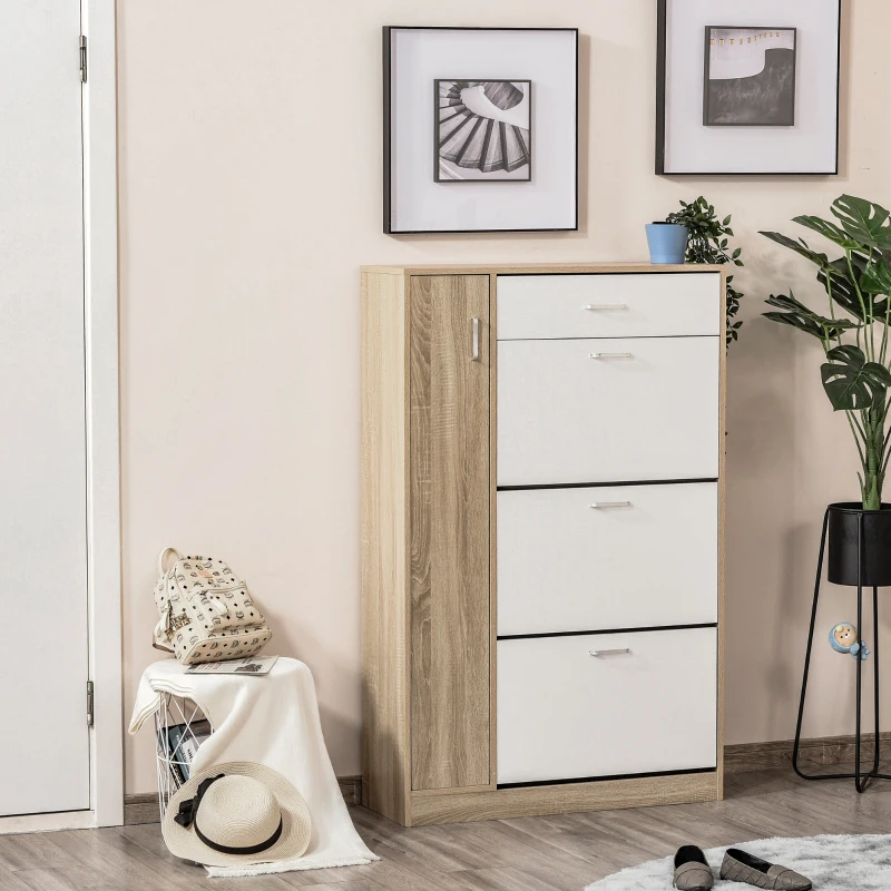 HOMCOM Scarpiera Salvaspazio con 3 Ante e Ripiani Regolabili, Cassetto e Armadietto, 84x30x132cm - Rovere/Bianco