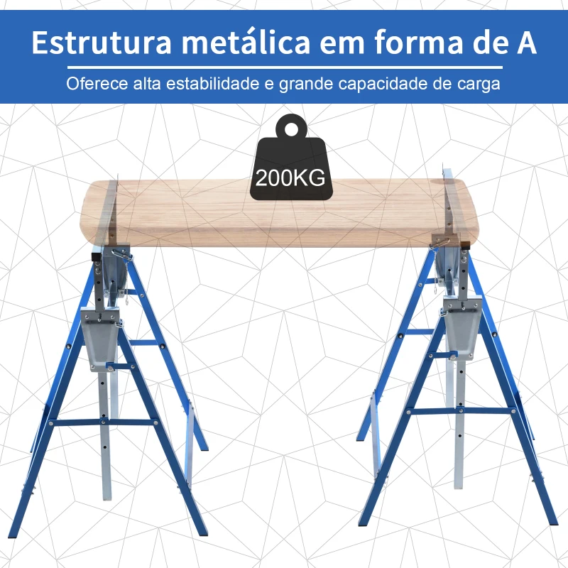 HOMCOM Conjunto de 2 Cavaletes Telescópicos Dobráveis com Altura Ajustável Cavaletes de Serra de Aço para Mesa de Trabalho Carga 200kg 68x58x80-130cm Azul e Prata