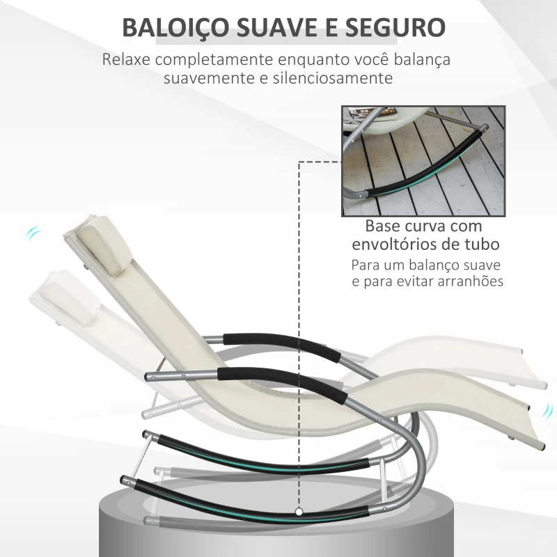 Outsunny Espreguiçadeira Baloiço de Jardim com Apoio para os Braços Almofada para a Cabeça Espreguiçadeira de Exterior Tecido Transpirável e Metal para Praia Pátio Terraço 63x148x85cm Bege