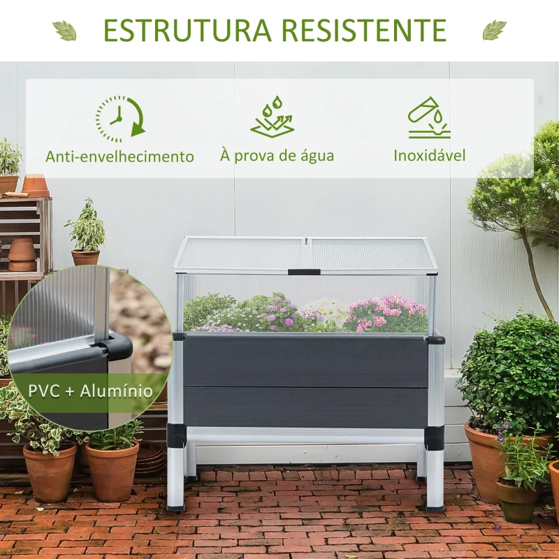 Outsunny Horta Elevada de Alumínio 78,5x47x74,5cm Estufa com Cobertura de Policarbonato e Teto Retrátil para Cultivos de Plantas Flores Cinza