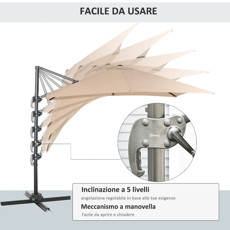 Outsunny Ombrellone da Giardino 268x268x250cm a Braccio Girevole a 360° e Inclinabile su 5 Livelli, Colore Khaki