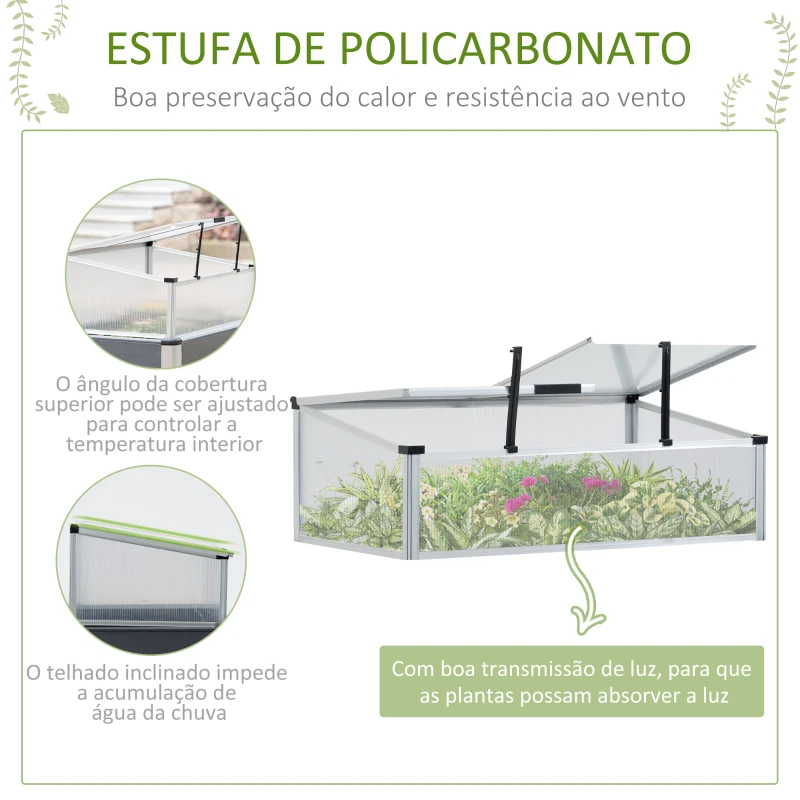 Outsunny Horta Elevada de Alumínio 78,5x47x74,5cm Estufa com Cobertura de Policarbonato e Teto Retrátil para Cultivos de Plantas Flores Cinza