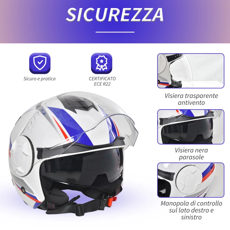 HOMCOM Casco Moto Jet Semi Integrale con Visiera Esterna e Parasole, Certificato ECE R22, Taglia S 55-56cm, Bianco