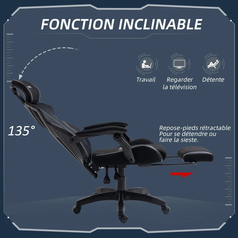 Vinsetto Chaise de jeu pivotante avec repose-pieds rétractable 65x65x119-129 cm Noir