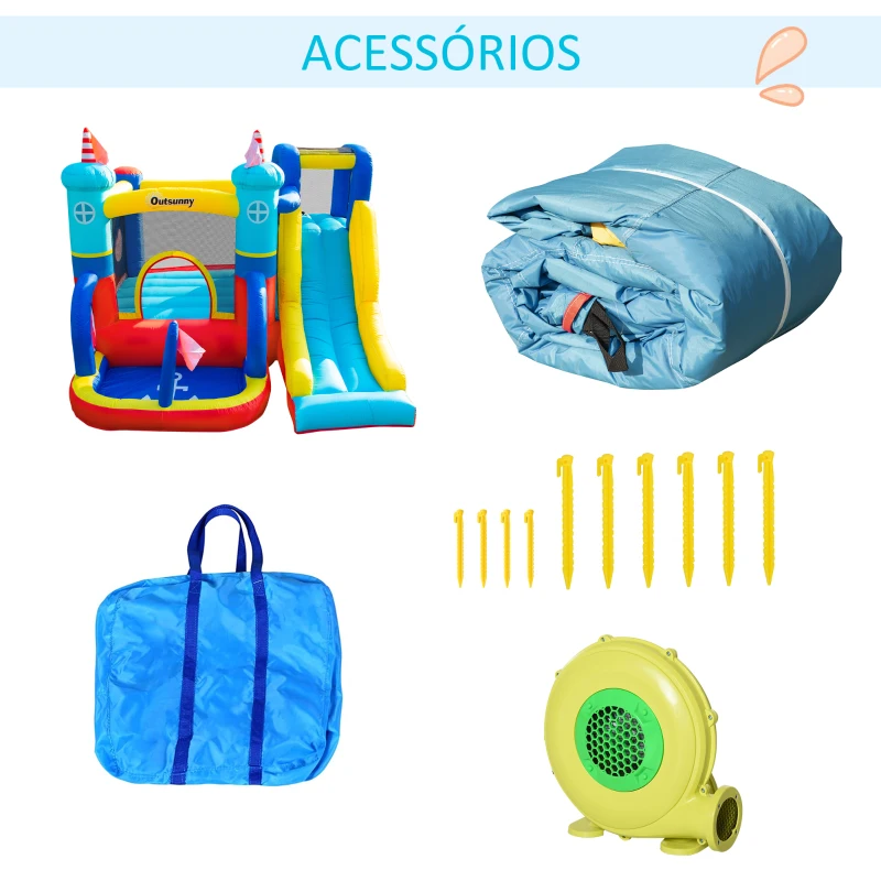 Outsunny Castelo Insuflável com Escorrega Trampolim Piscina e Parede de Escalada para Crianças acima de 3 Anos com Inflador e Bolsa de Transporte para Interior e Exterior 265x260x200cm Multicor
