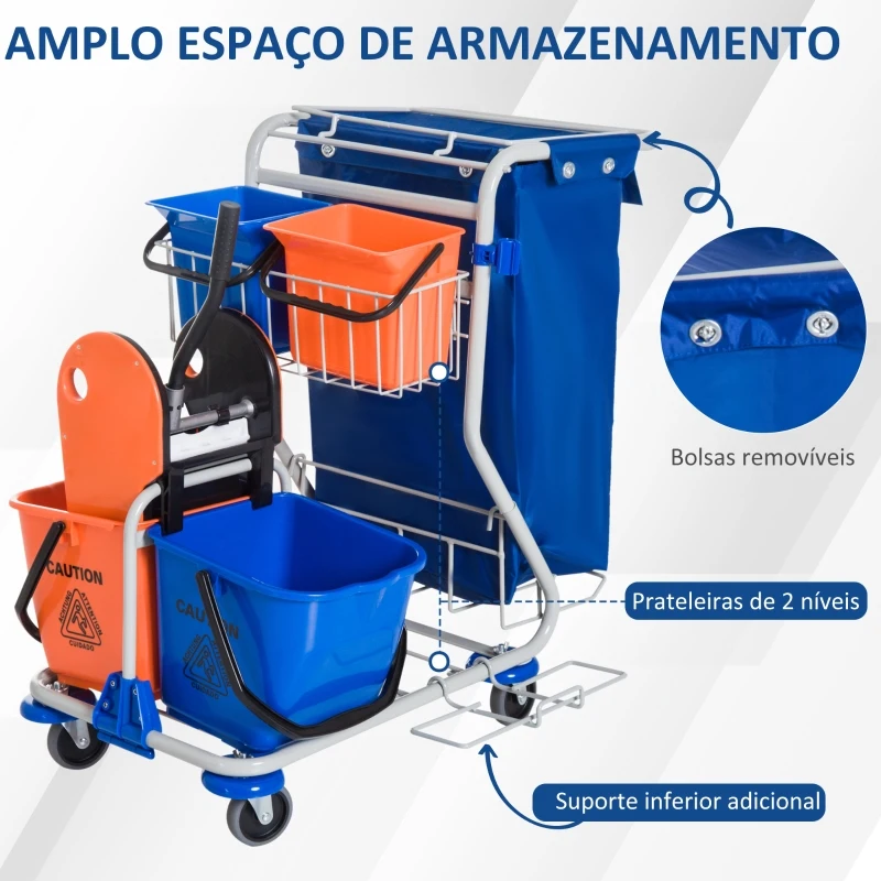 HOMCOM Carro de Limpeza Profissional com Balde Duplo Removível de 18 Litros Escorredor 2 Baldes Auxiliares e Bolsa de Lixo 93x80x97 cm Azul e Laranja