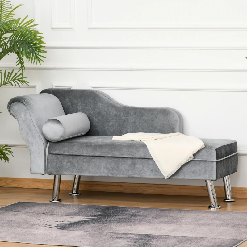 HOMCOM Velvet-Feel Chaise Longue, with Cushion - Grey