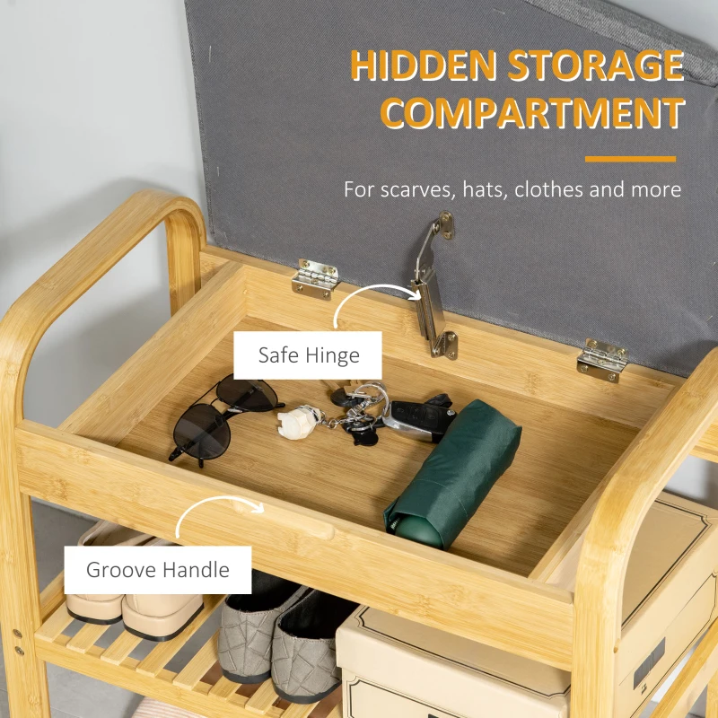 HOMCOM Bamboo Shoe Bench, Shoes Rack Stool with Cushion, Hidden Storage and 1 Shelf for Living Room, Hallway, Bedroom, Natural