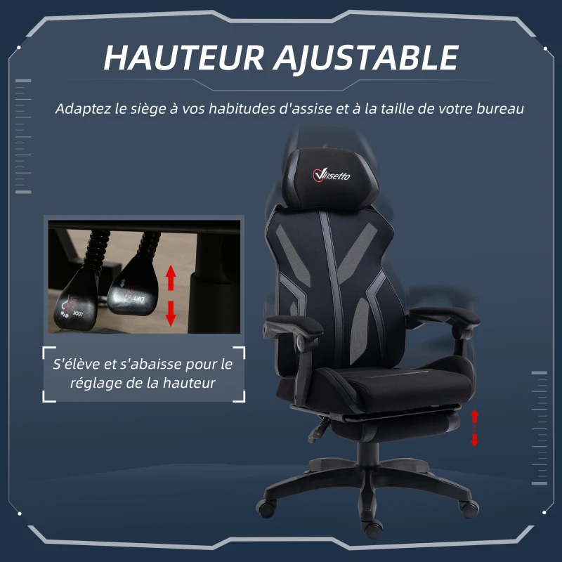 Vinsetto Chaise de jeu pivotante avec repose-pieds rétractable 65x65x119-129 cm Noir