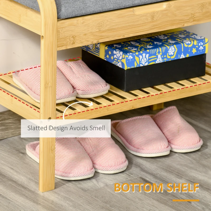HOMCOM Bamboo Shoe Bench, Shoes Rack Stool with Cushion, Hidden Storage and 1 Shelf for Living Room, Hallway, Bedroom, Natural