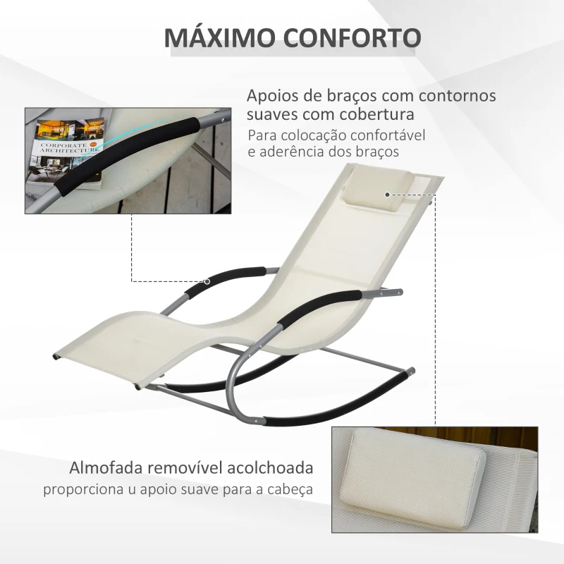 Outsunny Espreguiçadeira Baloiço de Jardim com Apoio para os Braços Almofada para a Cabeça Espreguiçadeira de Exterior Tecido Transpirável e Metal para Praia Pátio Terraço 63x148x85cm Bege