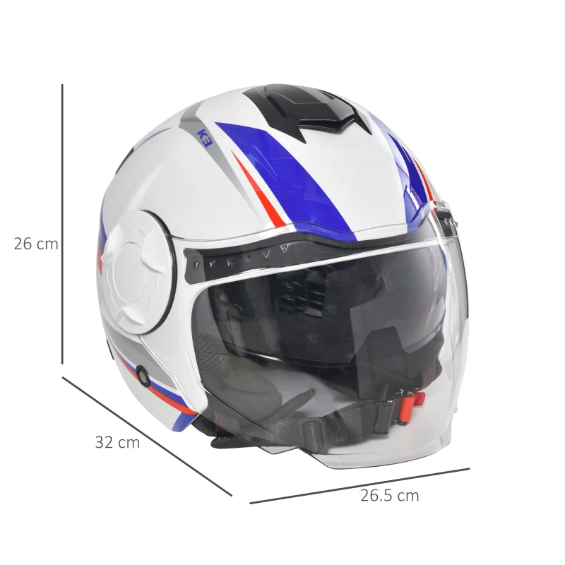 HOMCOM Casco Moto Jet Semi Integrale con Visiera Esterna e Parasole, Certificato ECE R22, Taglia S 55-56cm, Bianco