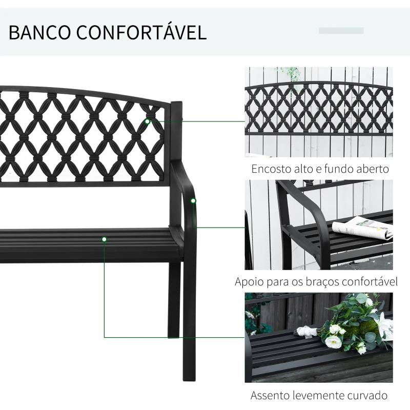 Outsunny Banco de Jardim de 2 Lugares com Encosto Decorativo e Apoio para os Braços para Terraço Varanda Pátio Exterior Carga 280kg Ferro Fundido e Aço 128x58,5x89cm Preto