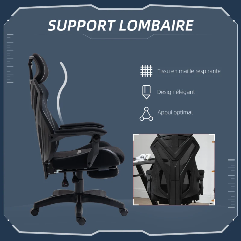 Vinsetto Chaise de jeu pivotante avec repose-pieds rétractable 65x65x119-129 cm Noir