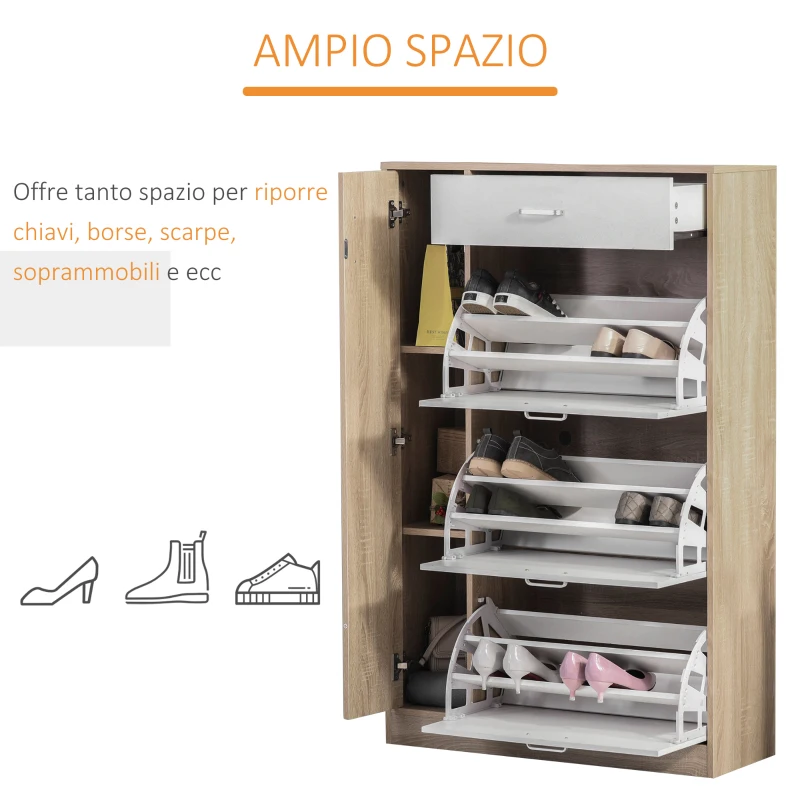 HOMCOM Scarpiera Salvaspazio con 3 Ante e Ripiani Regolabili, Cassetto e Armadietto, 84x30x132cm - Rovere/Bianco