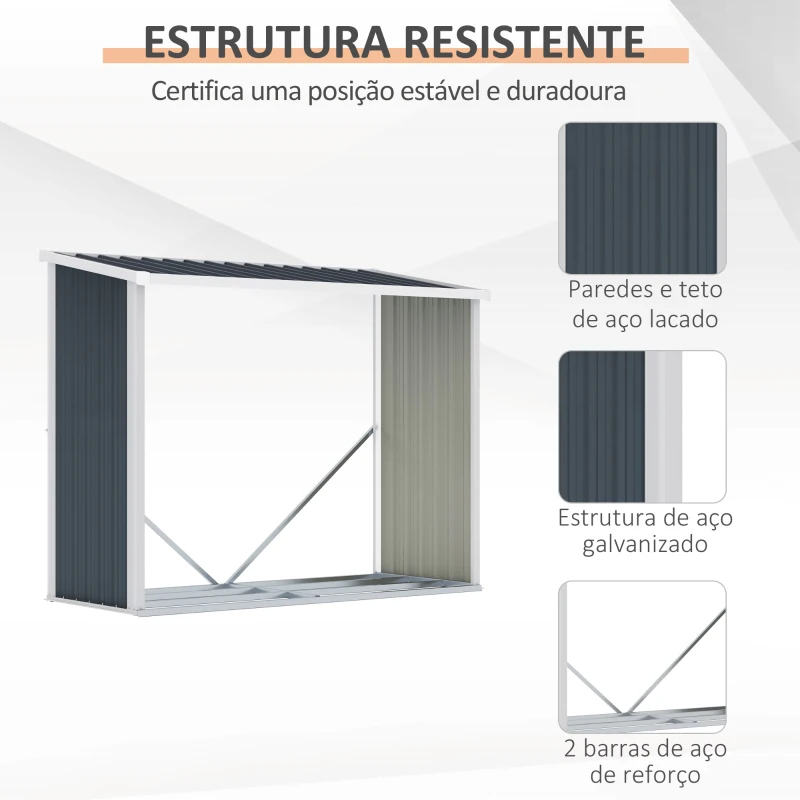 Outsunny Abrigo para Lenha de Aço Galvanizado Abrigo de Armazenamento de Lenhas com Teto Inclinado para Jardim Terraço Exterior 185x84x133,5/148,5 cm Cinza