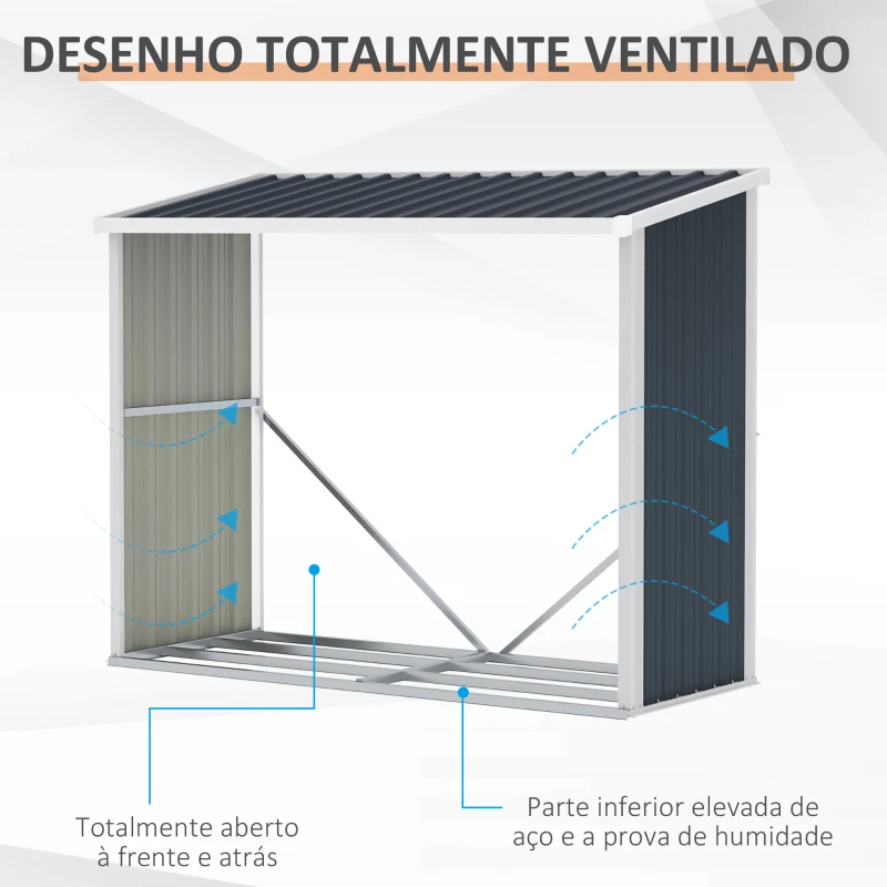 Outsunny Abrigo para Lenha de Aço Galvanizado Abrigo de Armazenamento de Lenhas com Teto Inclinado para Jardim Terraço Exterior 185x84x133,5/148,5 cm Cinza