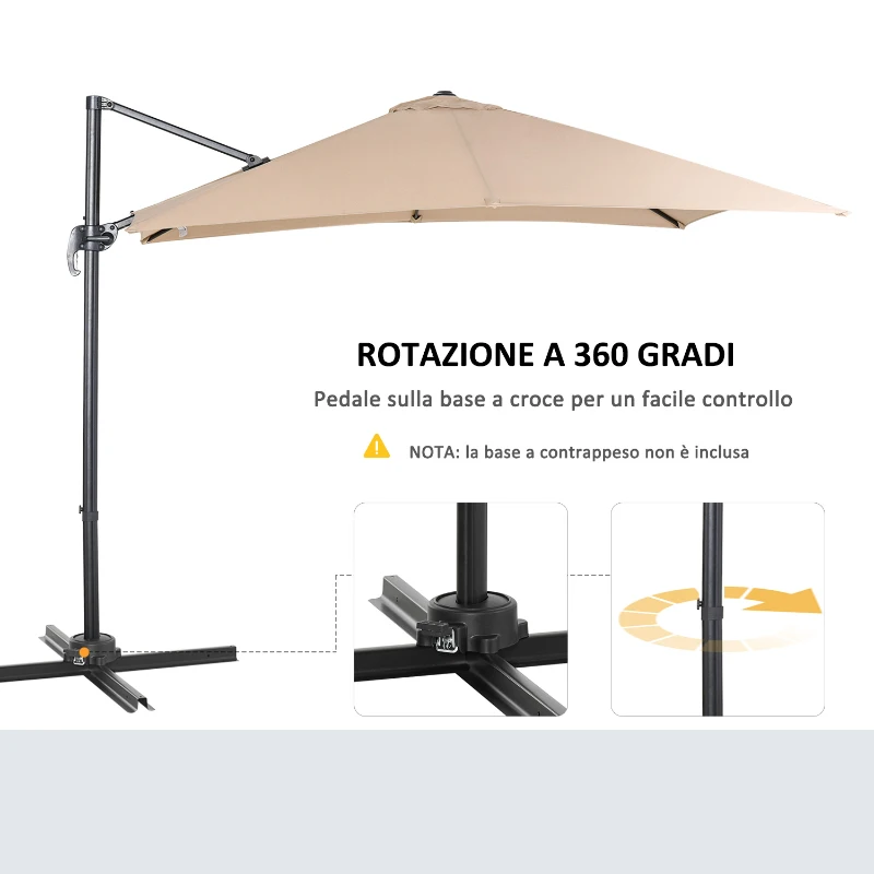 Outsunny Ombrellone da Giardino 268x268x250cm a Braccio Girevole a 360° e Inclinabile su 5 Livelli, Colore Khaki