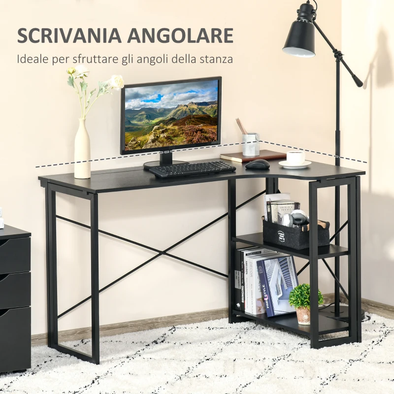 HOMCOM Scrivania Angolare a Scomparsa Pieghevole con 2 Ripiani Laterali in Legno e Metallo, Nera, 120x72.5x76.5cm