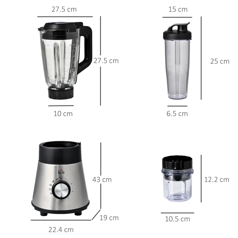 HOMCOM Frullatore Elettrico 1000W Multifunzione 4 in 1, Smoothie Maker e Tritatutto da 1.5L