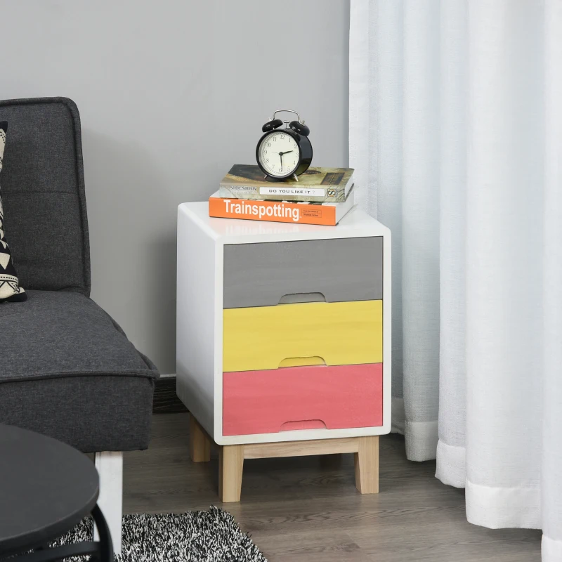 HOMCOM Cassettiera con 3 Cassetti Colorati in Legno, Comodino Elegante, Comò per Camera e Salotto, 30x34x51cm