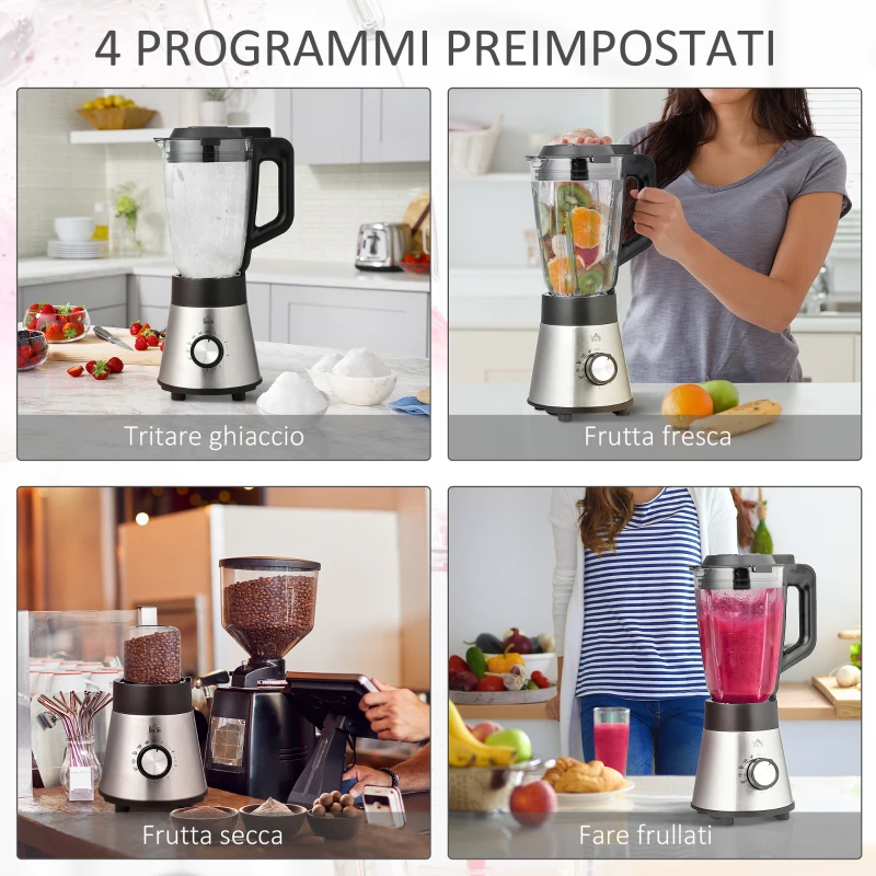 HOMCOM Frullatore Elettrico 1000W Multifunzione 4 in 1, Smoothie Maker e Tritatutto da 1.5L