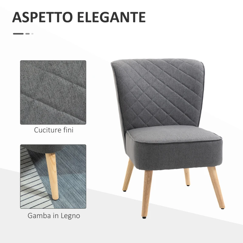 HOMCOM Poltrona Imbottita con Rivestimento Effetto Lino, Poltroncina da Camera, Soggiorno, Cucina in Legno, Grigio