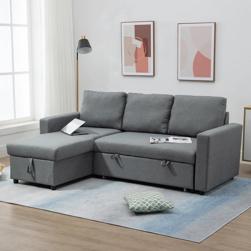 HOMCOM Canapea cu 3 Locuri și Spațiu de Depozitare, Canapea din Material Textil și Perne cu Huse Detașabile, 211.5x146x85 cm, Gri