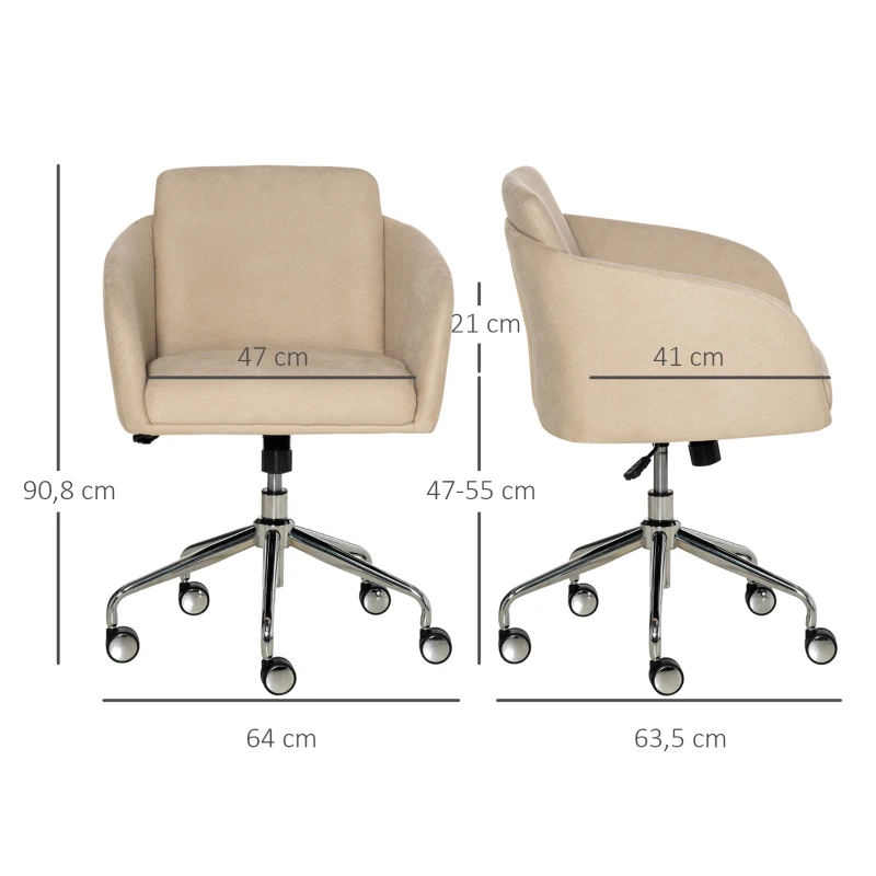 Vinsetto Bürostuhl mittelhoch Schreibtischstuhl Drehstuhl ergonomischer Computerstuhl höhenverstellbar Samt-Touch Metall Beige 64 x 63,5 x 90,8 cm